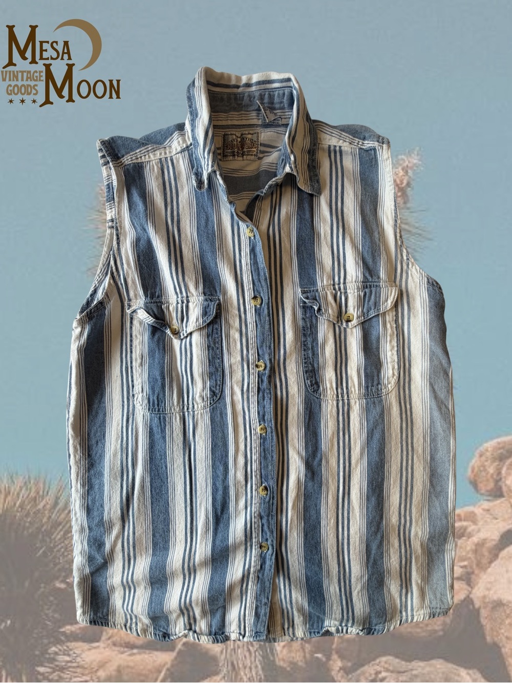 Vintage Western Striped Sleeveless Button-Up Shirt